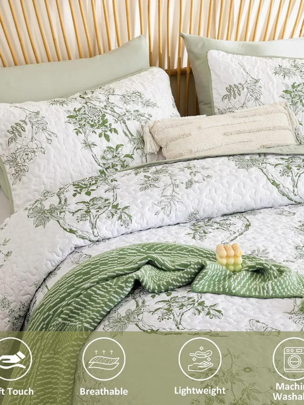 Floral Quilt Set Full,Green Botanical Pattern Quilts Bedspread Coverlet Set for